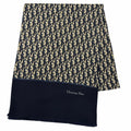 Dior Silk 100% Oblique Trotter Pattern Fringe Shawl Navy Beige Scarf