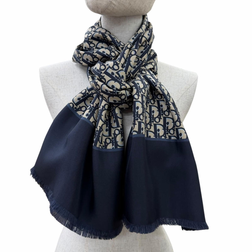 Dior Silk 100% Oblique Trotter Pattern Fringe Shawl Navy Beige Scarf — view 3