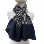 Dior Silk 100% Oblique Trotter Pattern Fringe Shawl Navy Beige Scarf — view 3