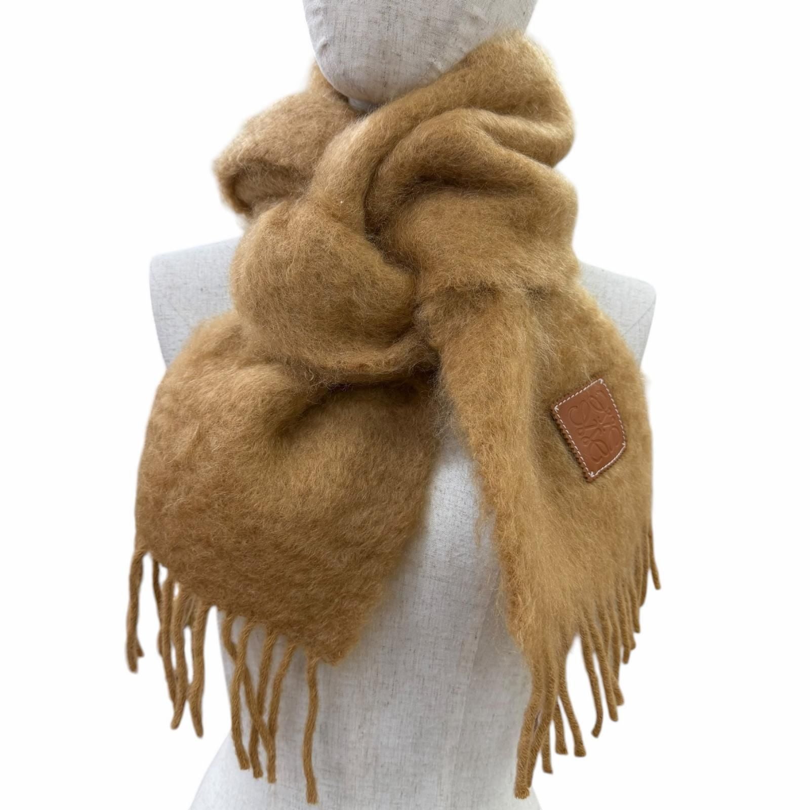 Loewe Mohair Wool Anag Lambskin Logo Patch with Fringe Scarf Brown — view 3