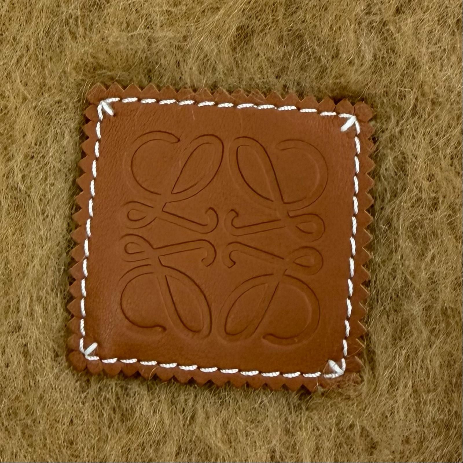 Loewe Mohair Wool Anag Lambskin Logo Patch with Fringe Scarf Brown — view 4