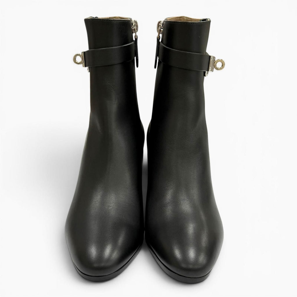 Hermes Saint Germain Silver Kelly Buckle Leather Short Boots Black — view 3