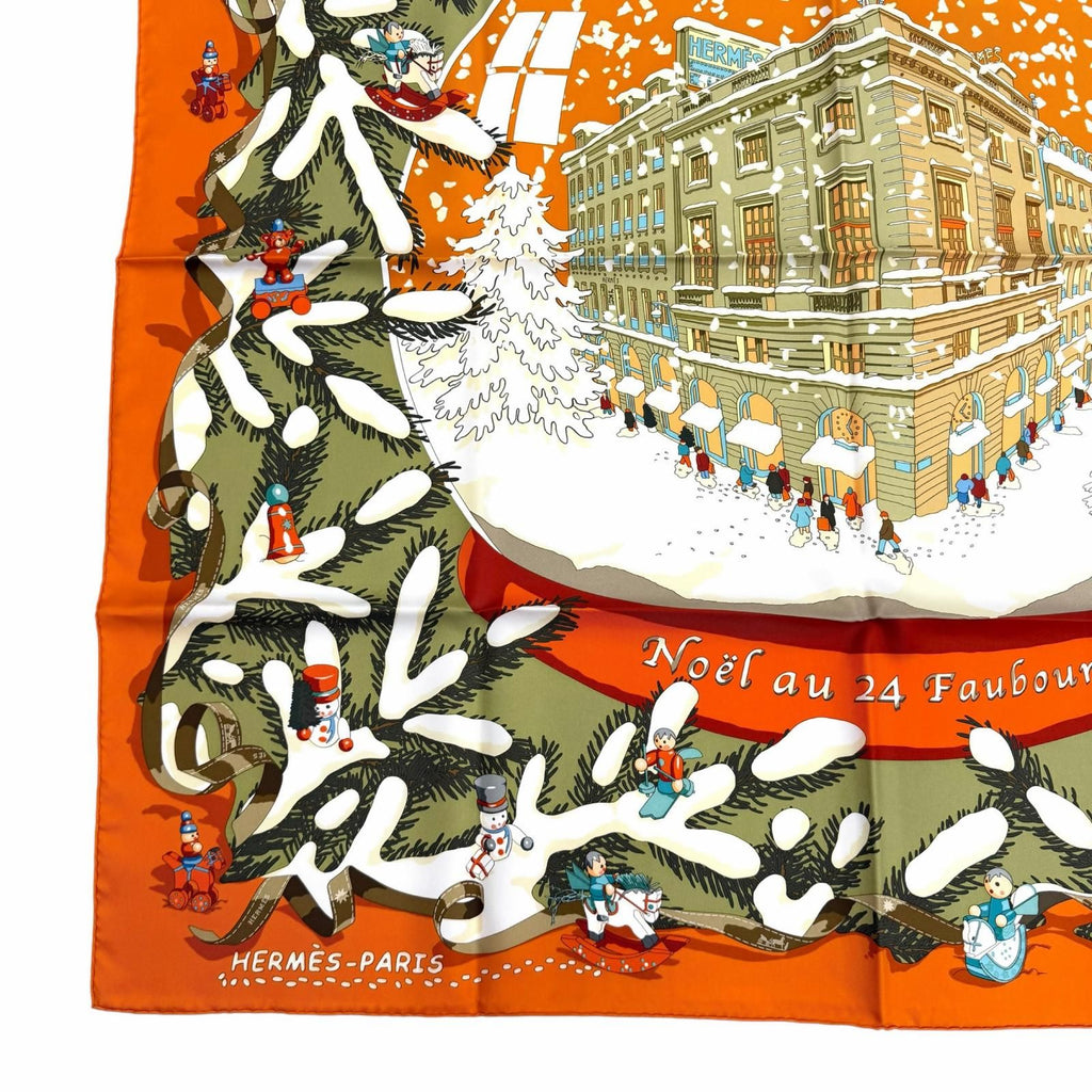Hermes Carre 90 Noel Au 24 Faubourg Christmas at Silk 100% Potiron Vert Amande — view 6