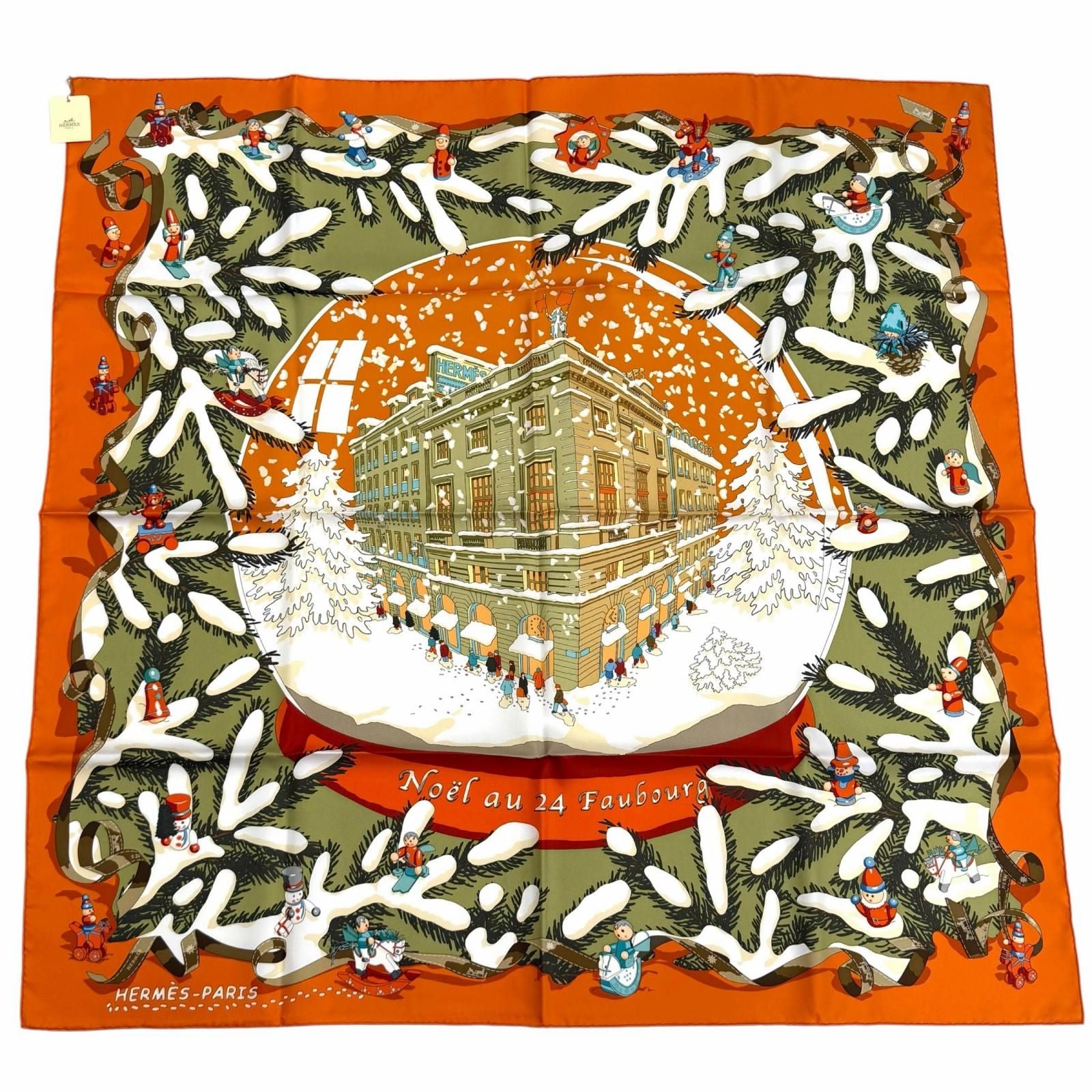 Hermes Carre 90 Noel Au 24 Faubourg Christmas at Silk 100% Potiron Vert Amande