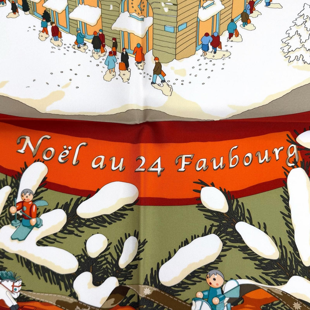 Hermes Carre 90 Noel Au 24 Faubourg Christmas at Silk 100% Potiron Vert Amande — view 7
