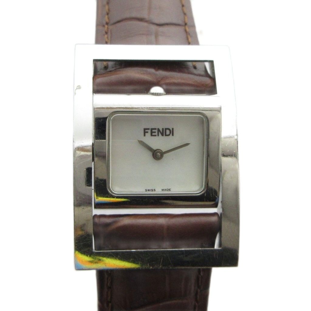 Fendi Watch Quartz Square Leather Shell Dial Silver