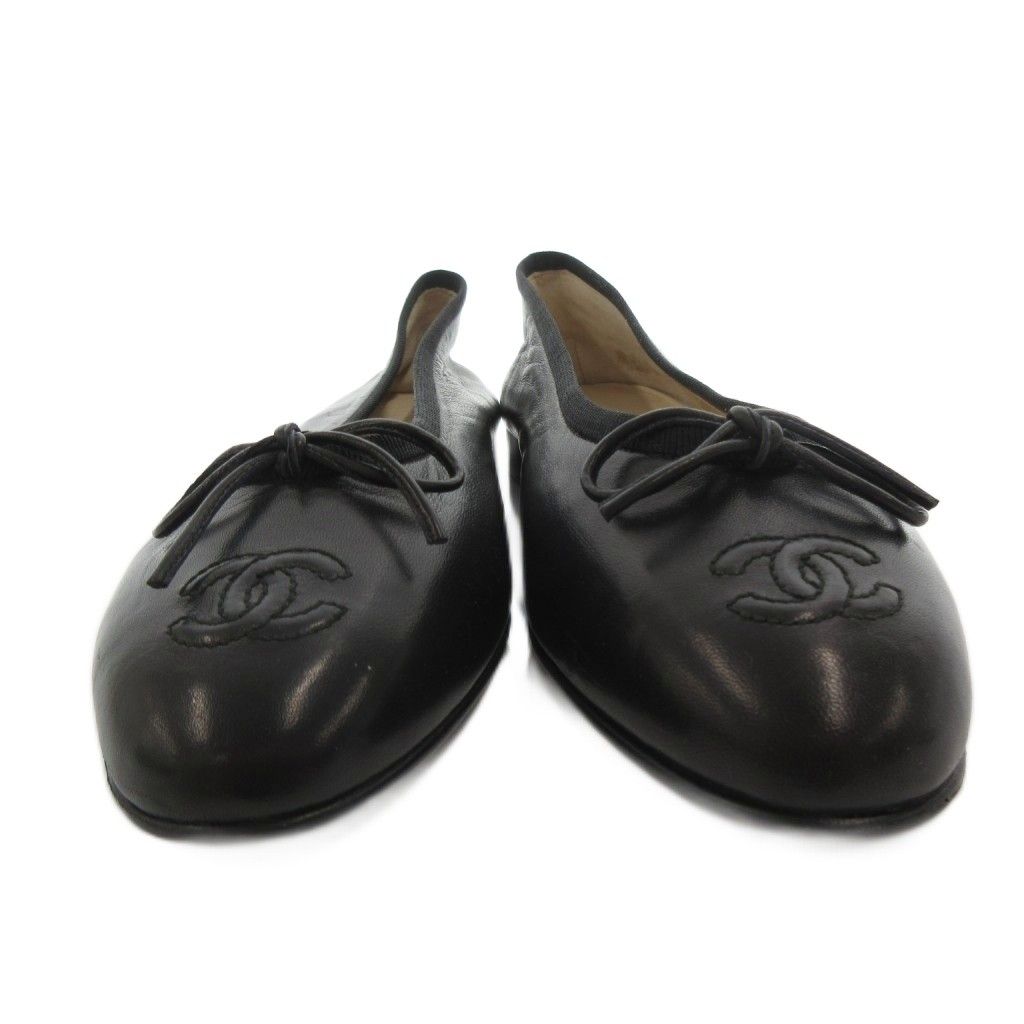 Chanel CC Logo Ribbon Ballet Shoes Leather Almond Toe 35.5 Black — view 4