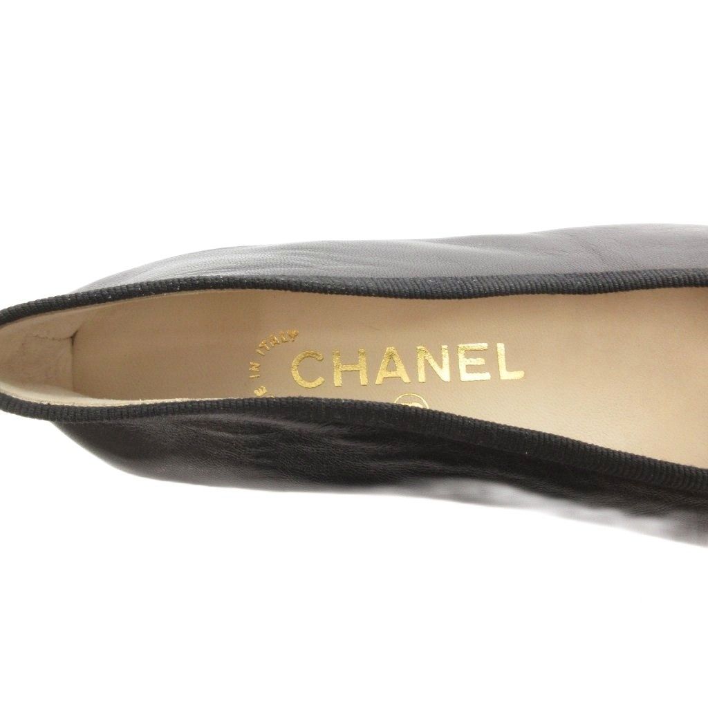 Chanel CC Logo Ribbon Ballet Shoes Leather Almond Toe 35.5 Black — view 7
