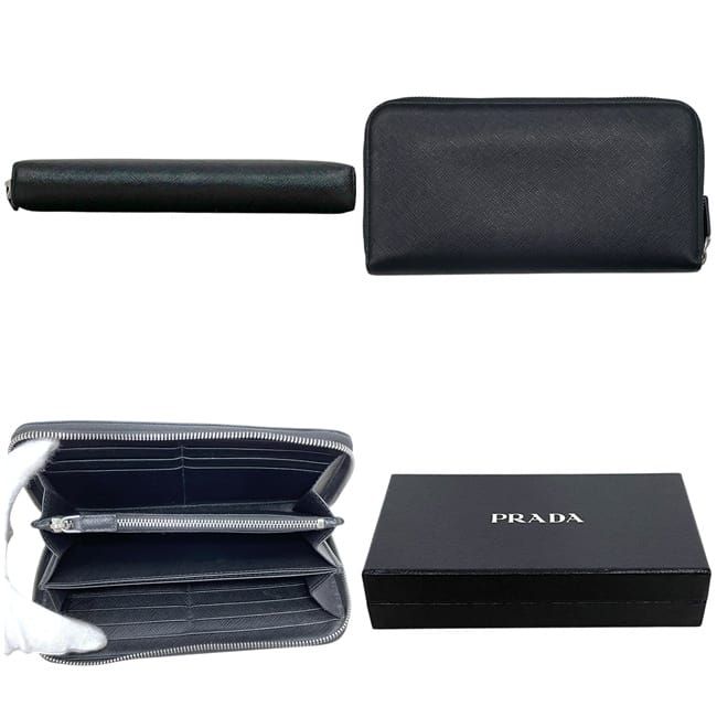 Prada Zip Around Wallet Black Nero Saffiano Leather 230 One Point Logo Simple — view 2