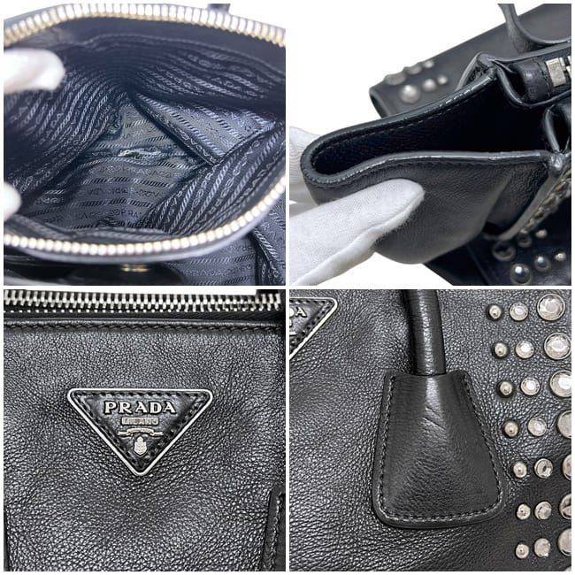 Prada 2-Way Black Nero Leather Glace Calf Studs 231 Shoulder — view 5