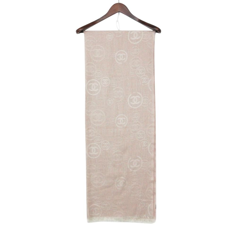 Chanel Shawl Cashmere Scarf Fringe CC Logo All Over Pattern Pink