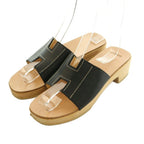 Hermes Kevlar Sandals Logo Leather Wood 36 Black