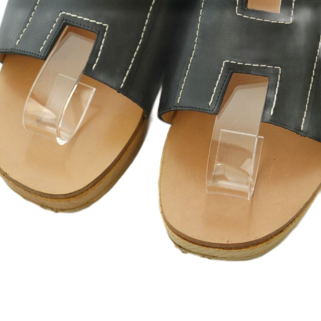 Hermes Kevlar Sandals Logo Leather Wood 36 Black — view 3