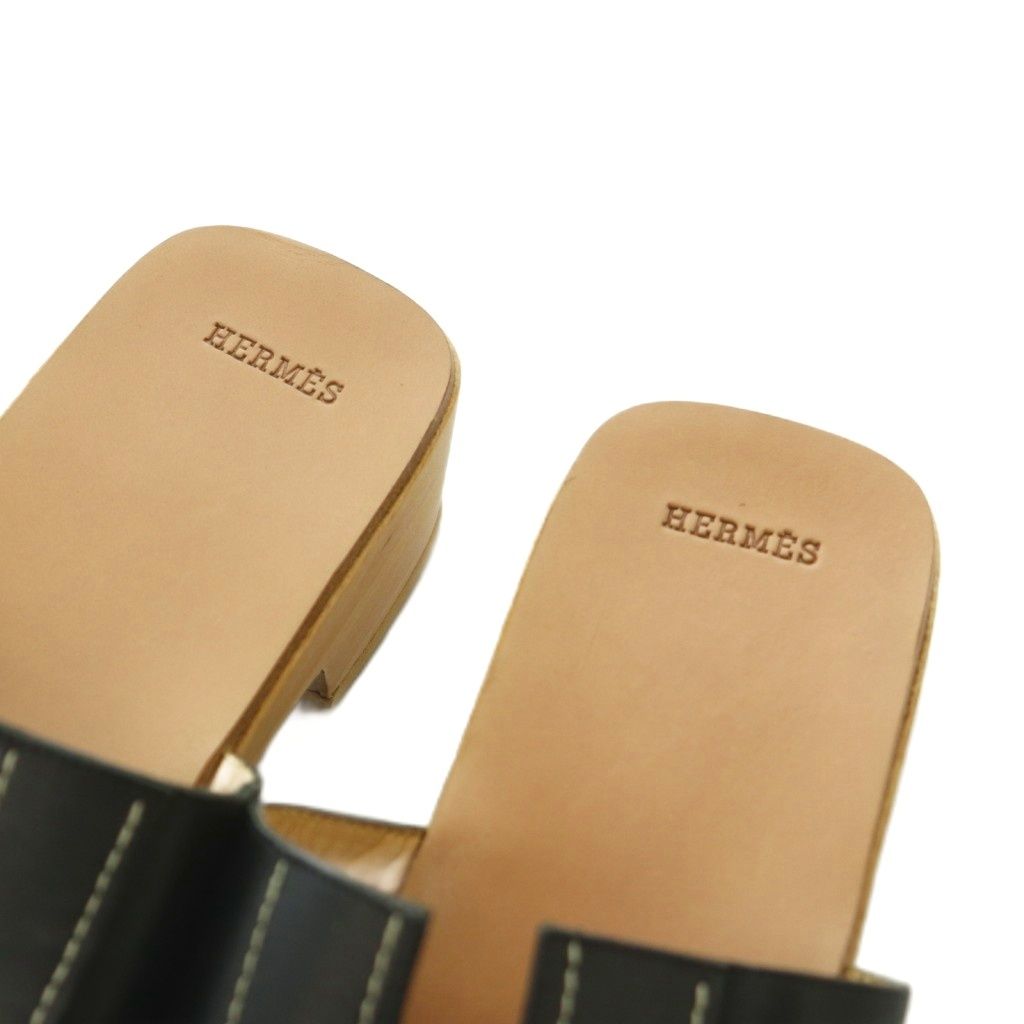 Hermes Kevlar Sandals Logo Leather Wood 36 Black — view 4