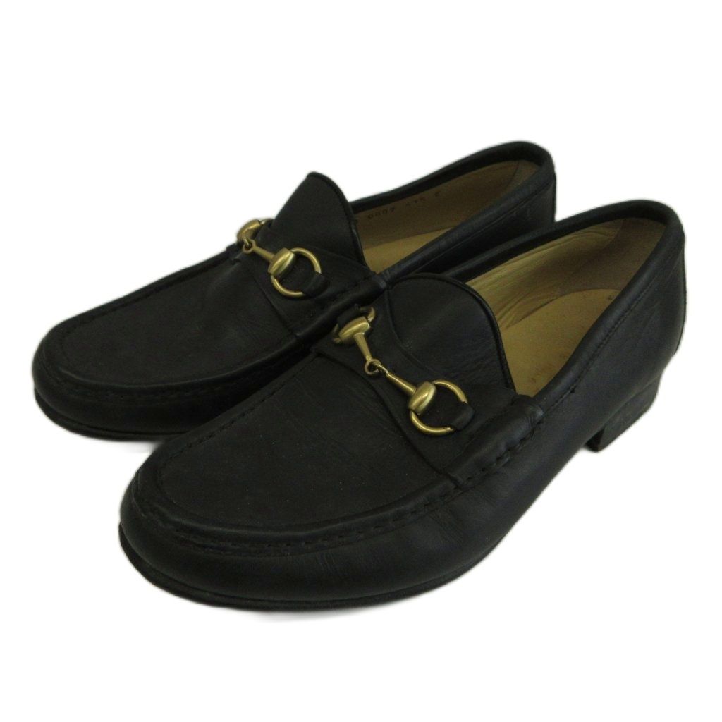 Gucci Horsebit Loafers Leather Shoes Gold 41.5 Black