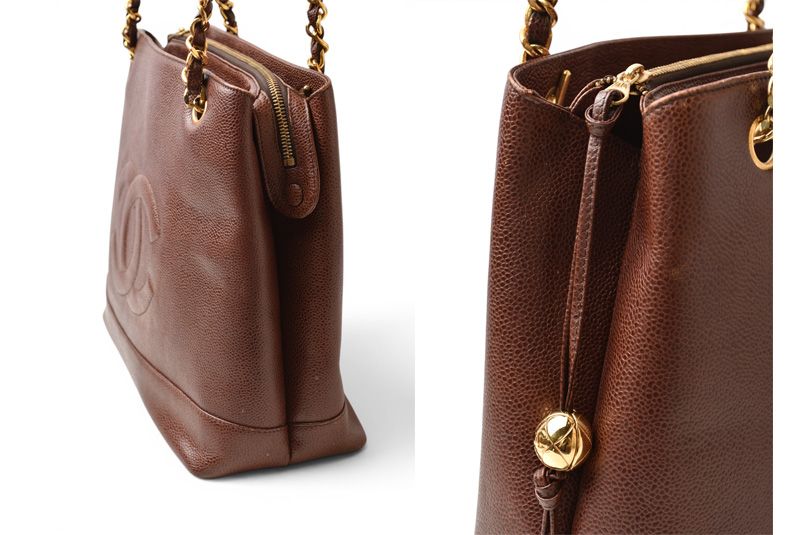 Chanel Chain Shoulder Bag Tote CC Logo Caviar Leather Brown Gold — view 4