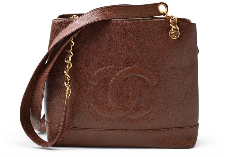 Chanel Chain Shoulder Bag Tote CC Logo Caviar Leather Brown Gold
