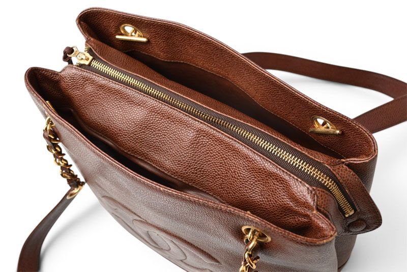 Chanel Chain Shoulder Bag Tote CC Logo Caviar Leather Brown Gold — view 8