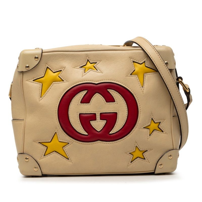 Gucci GG Logo Crossbody Shoulder Bag Beige Red Leather