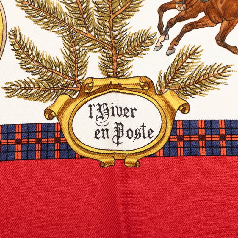 Hermes Carre 90 L'hiver en Poste Winter Mail Scarf Large Red Multicolor Silk — view 3