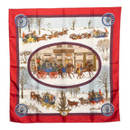 Hermes Carre 90 L'hiver en Poste Winter Mail Scarf Large Red Multicolor Silk