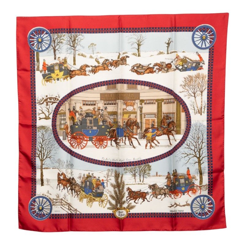 Hermes Carre 90 L'hiver en Poste Winter Mail Scarf Large Red Multicolor Silk