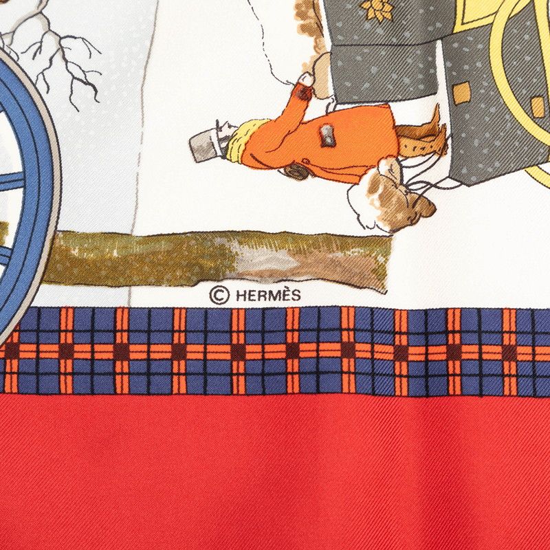 Hermes Carre 90 L'hiver en Poste Winter Mail Scarf Large Red Multicolor Silk — view 7