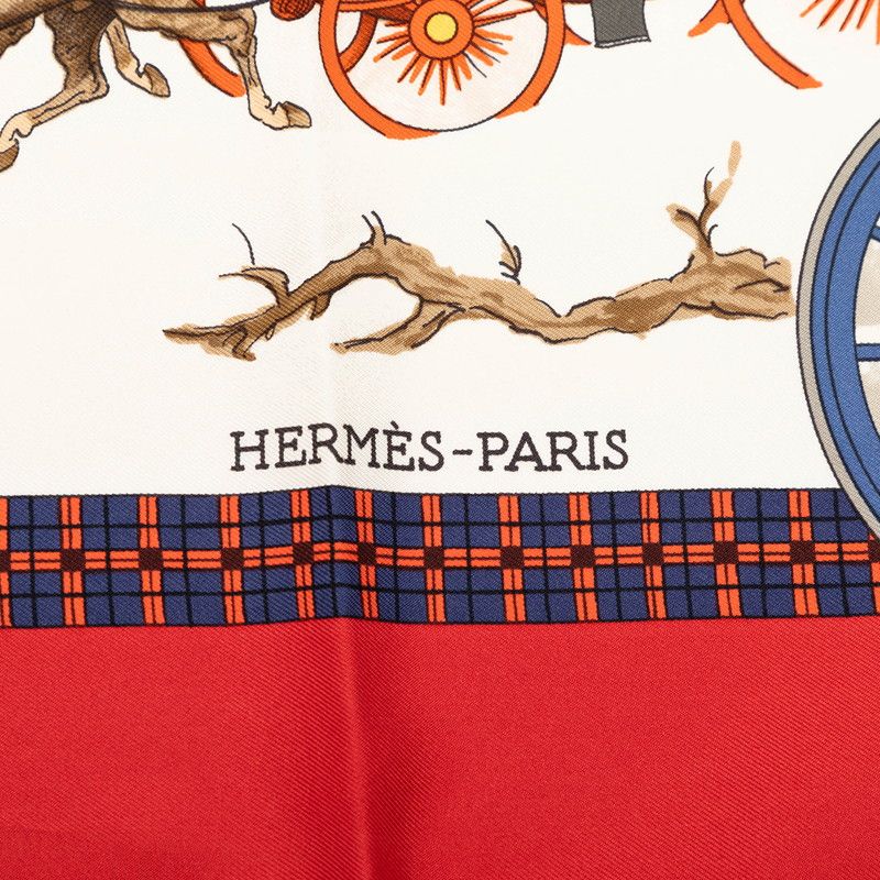 Hermes Carre 90 L'hiver en Poste Winter Mail Scarf Large Red Multicolor Silk — view 8