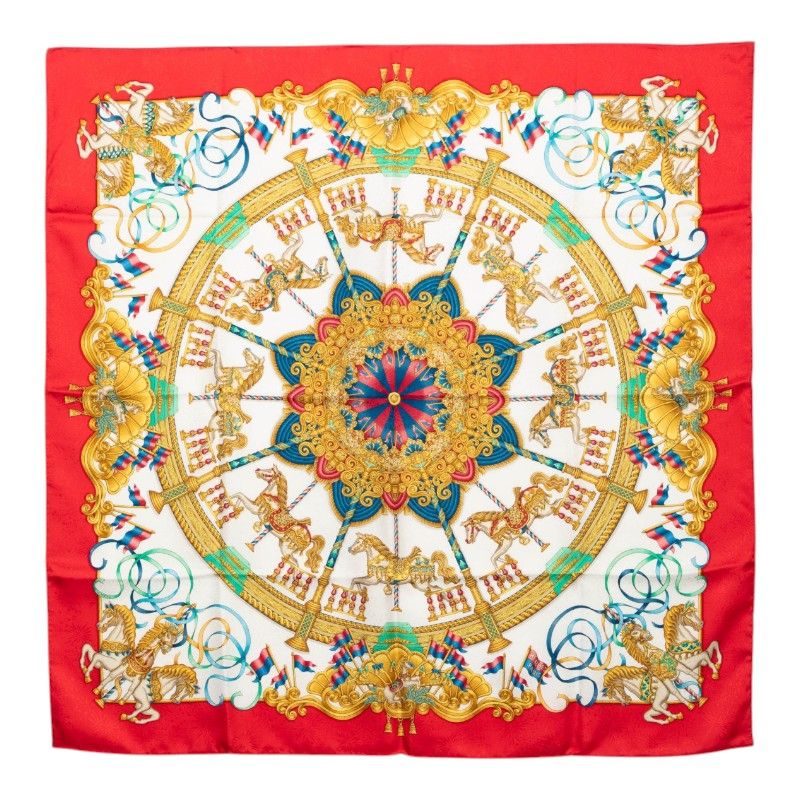 Hermes Carre 90 Luna Park Amusement Scarf Large Red Silk