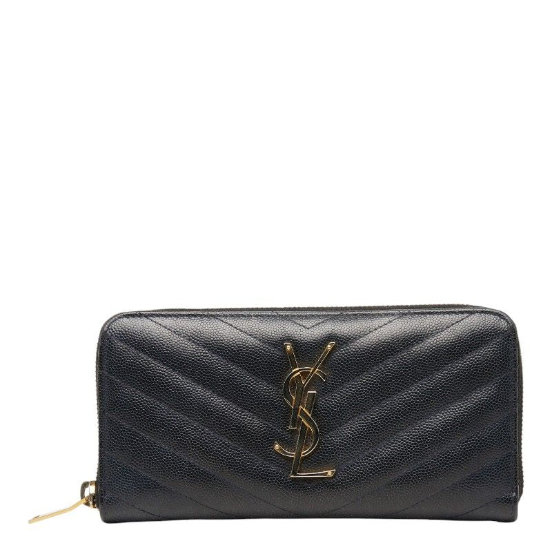 Saint Laurent Monogram YSL Logo Zip Around Wallet Black Leather