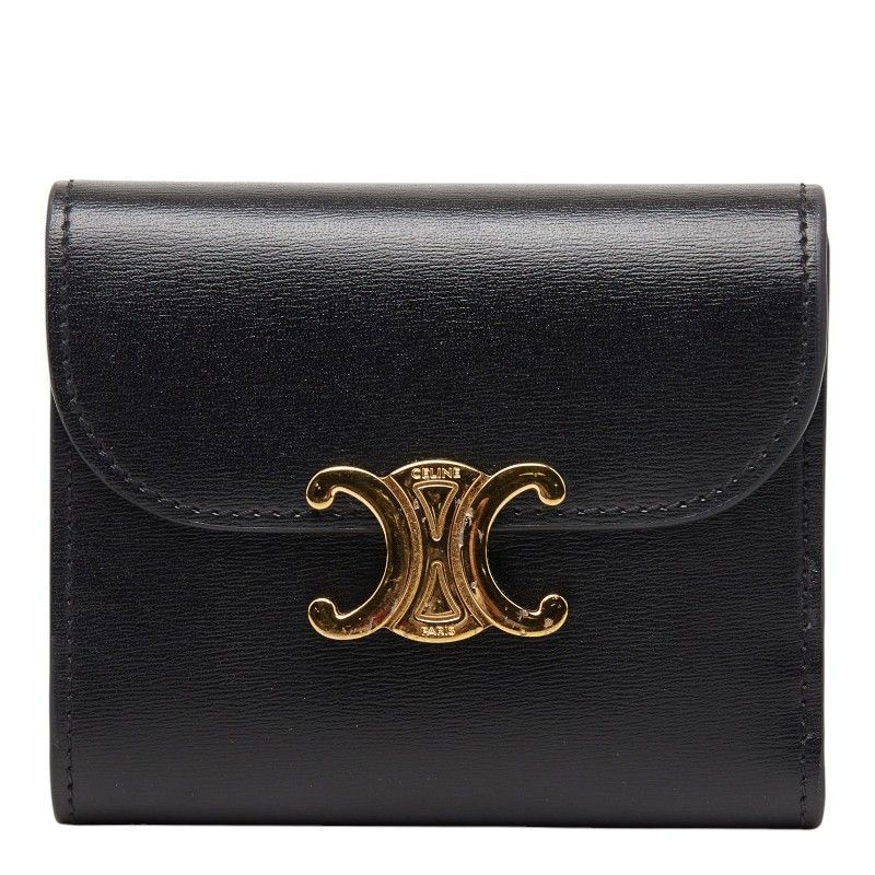 Celine Triomphe Compact Wallet Trifold Black Leather