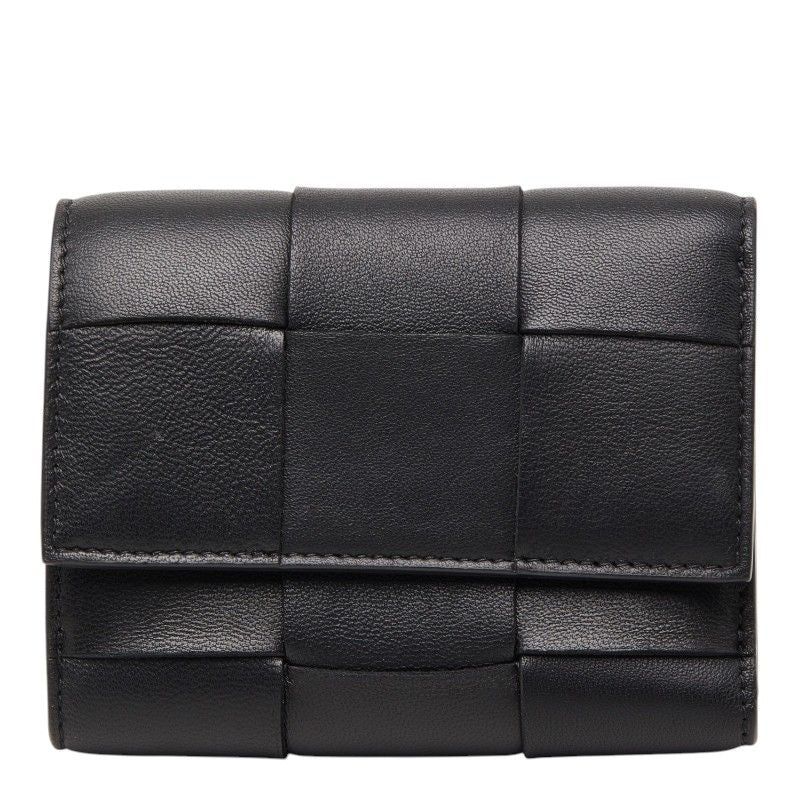 Bottega Veneta Maxi Intrecciato Cassette Trifold Wallet Black Leather