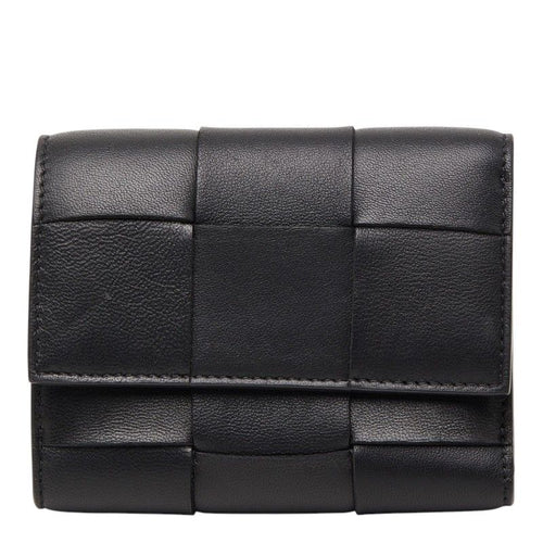 Bottega Veneta Maxi Intrecciato Cassette Trifold Wallet Black Leather