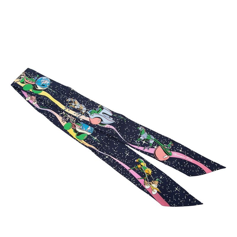Hermes Twilly Space Derby Scarf Navy Multicolor Silk