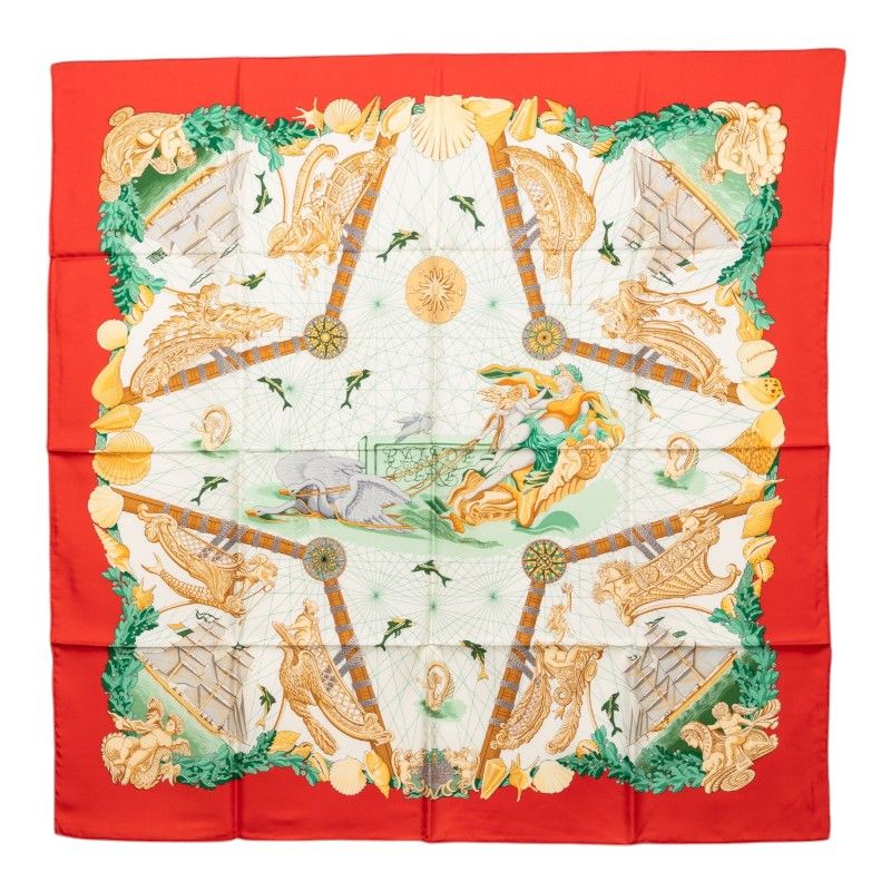 Hermes Balade Oceane Sea Walk Scarf Red White Multi Color Silk