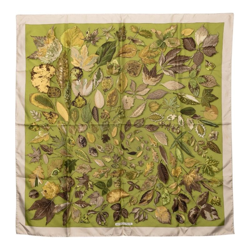 Hermes Carre 90 Tourbillon Fallen Leaves Swirl Scarf Green Gray Silk