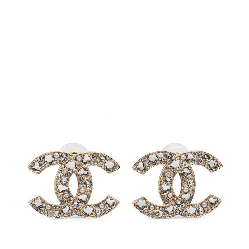 Chanel CC Logo Stud Earrings Gold Plated Rhinestone