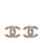 Chanel CC Logo Stud Earrings Gold Plated Rhinestone