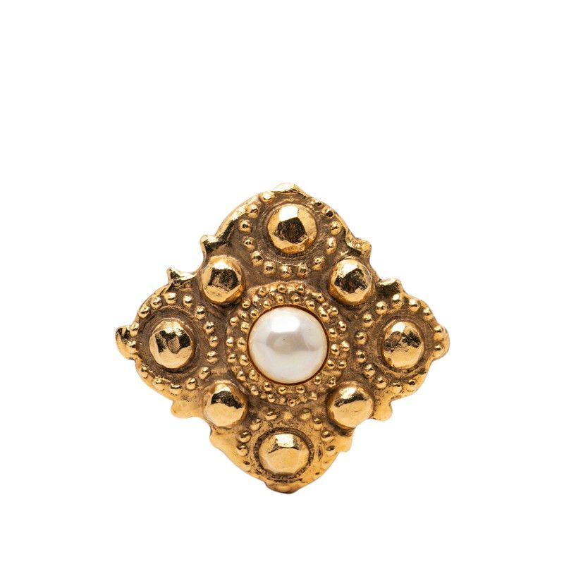 Chanel Vintage Diamond Brooch Gold Plated Faux Pearl