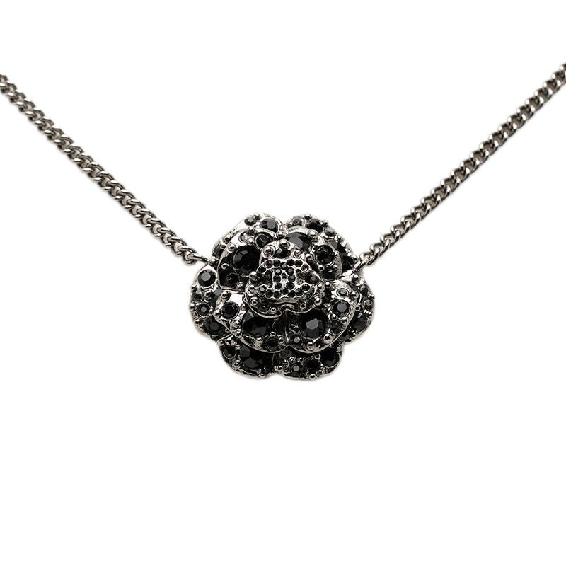 Chanel Camellia CC Logo Necklace Silver Black Metal Rhinestone