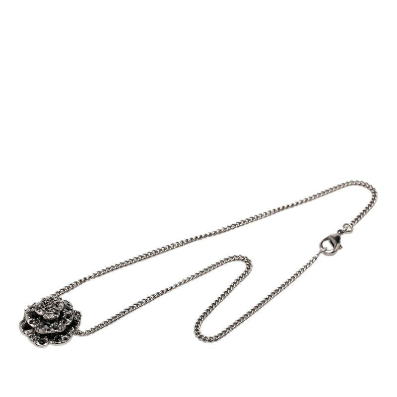 Chanel Camellia CC Logo Necklace Silver Black Metal Rhinestone — view 3