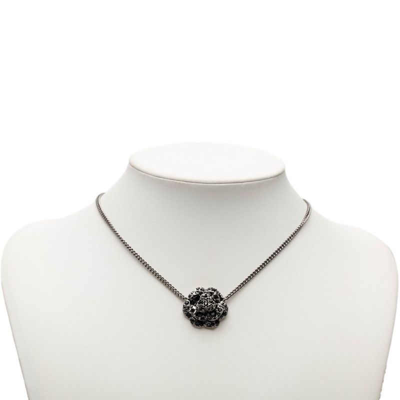 Chanel Camellia CC Logo Necklace Silver Black Metal Rhinestone — view 6