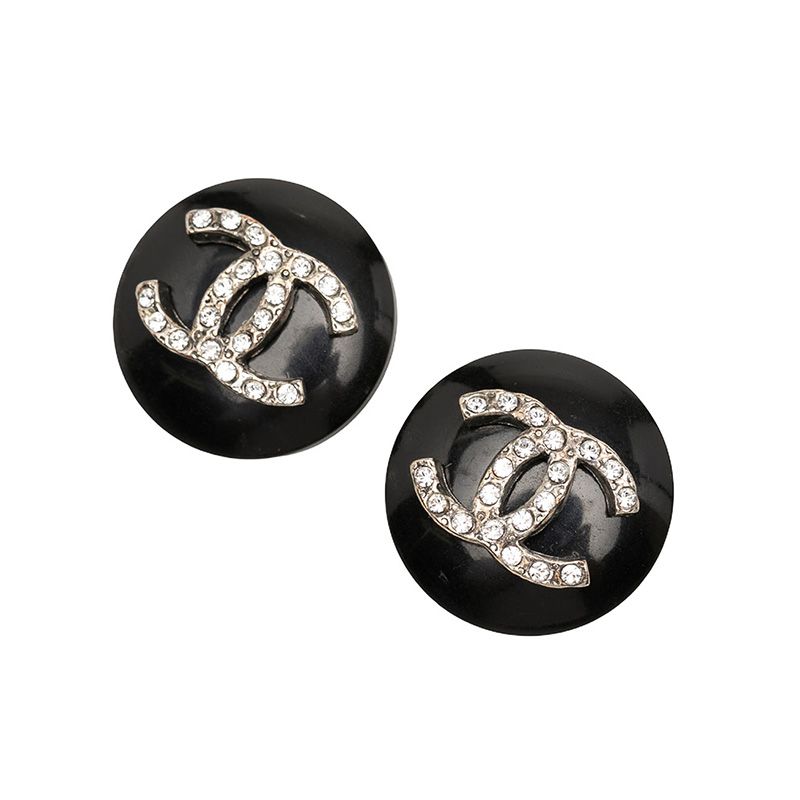Chanel CC Logo Earrings Silver Black Metal Rhinestone