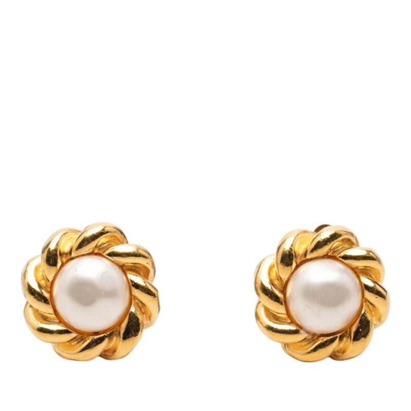 Chanel Vintage Flower Motif Earrings Gold Plated Faux Pearl
