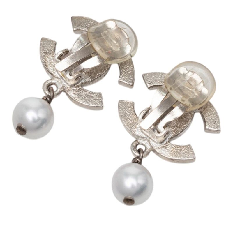Chanel CC Logo Earrings Silver Metal Faux Pearl — view 2