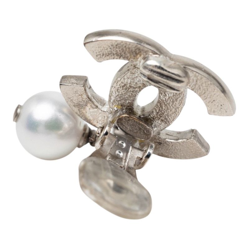 Chanel CC Logo Earrings Silver Metal Faux Pearl — view 3