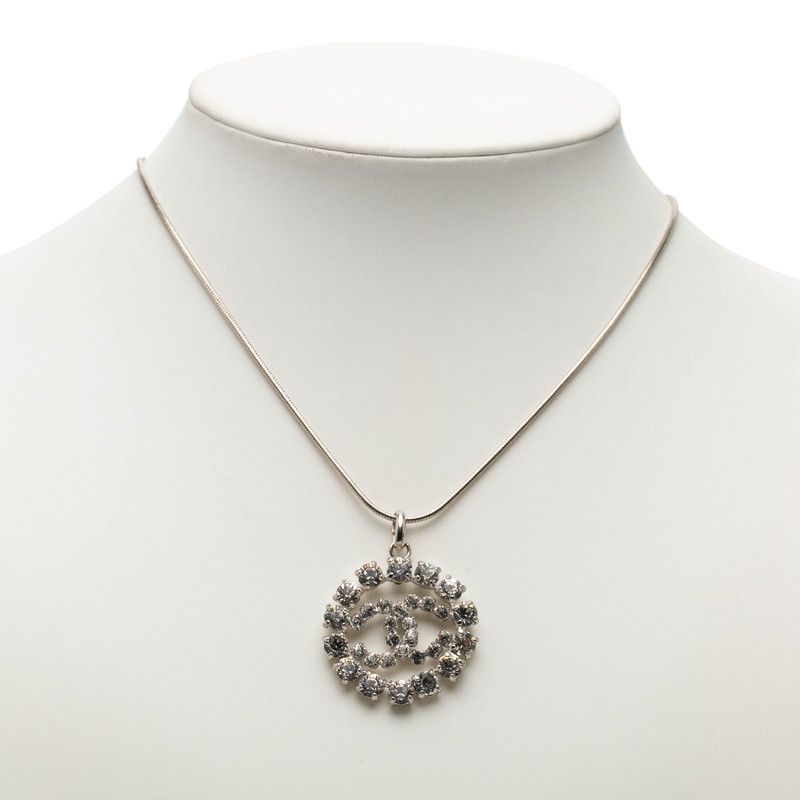 Chanel CC Logo Necklace Silver Metal Rhinestone — view 6