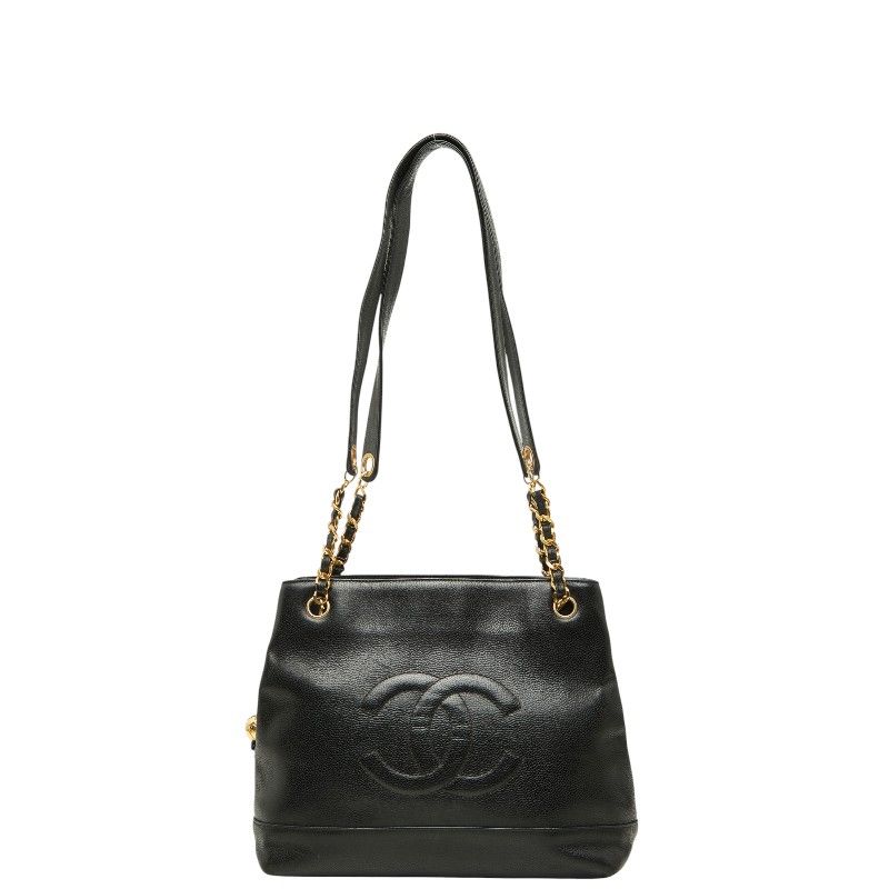 Chanel CC Logo Chain Tote Shoulder Bag Black Caviar Leather