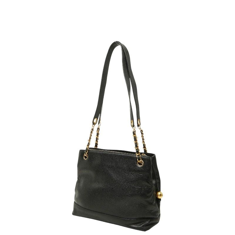 Chanel CC Logo Chain Tote Shoulder Bag Black Caviar Leather — view 2