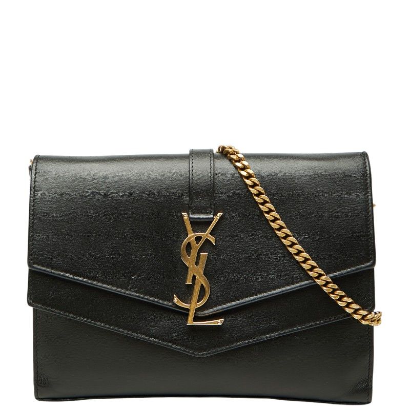 Saint Laurent YSL Logo Crossbody Chain Wallet Shoulder Bag Black Leather